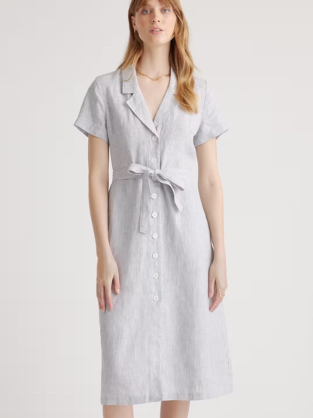 Quince European Linen Blue Pinstripe Belted Shirt Dress XS